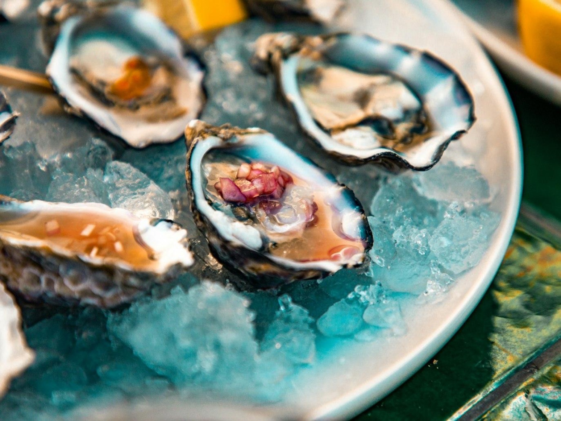 Half-shell oysters with toppings arranged on crushed ice