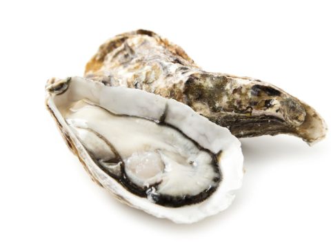 Close-up of a half-shell oyster with the oyster meat exposed, illustrating the base ingredient used in Oysters Rockefeller.