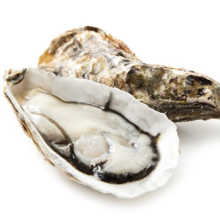 Close-up of a half-shell oyster with the oyster meat exposed, illustrating the base ingredient used in Oysters Rockefeller.