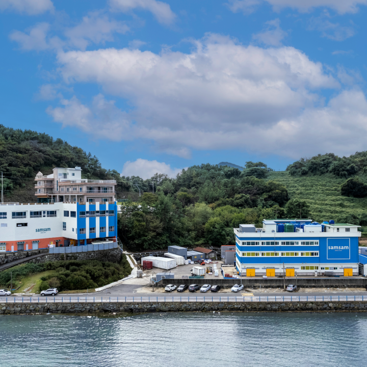 Aerial view of Samsam Mulsan's seafood processing factory buildings along the coast of Tongyeong, South Korea.